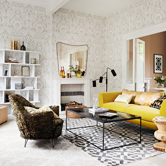 Living room with damask wallpaper and armchair | Living ...