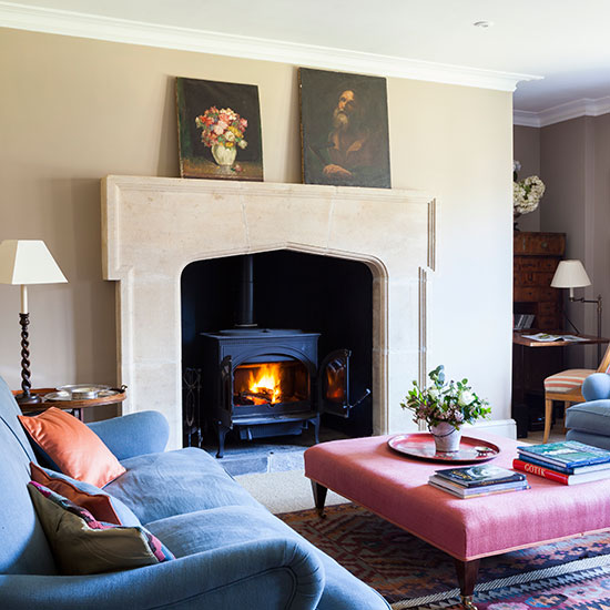 Country sitting room with stone fireplace | Country living ...